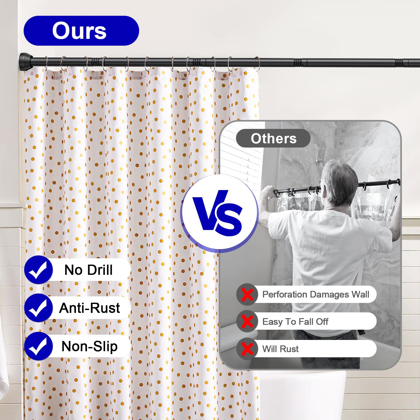 TEECK shower rod soft silicone ends prevent wall scratches during use