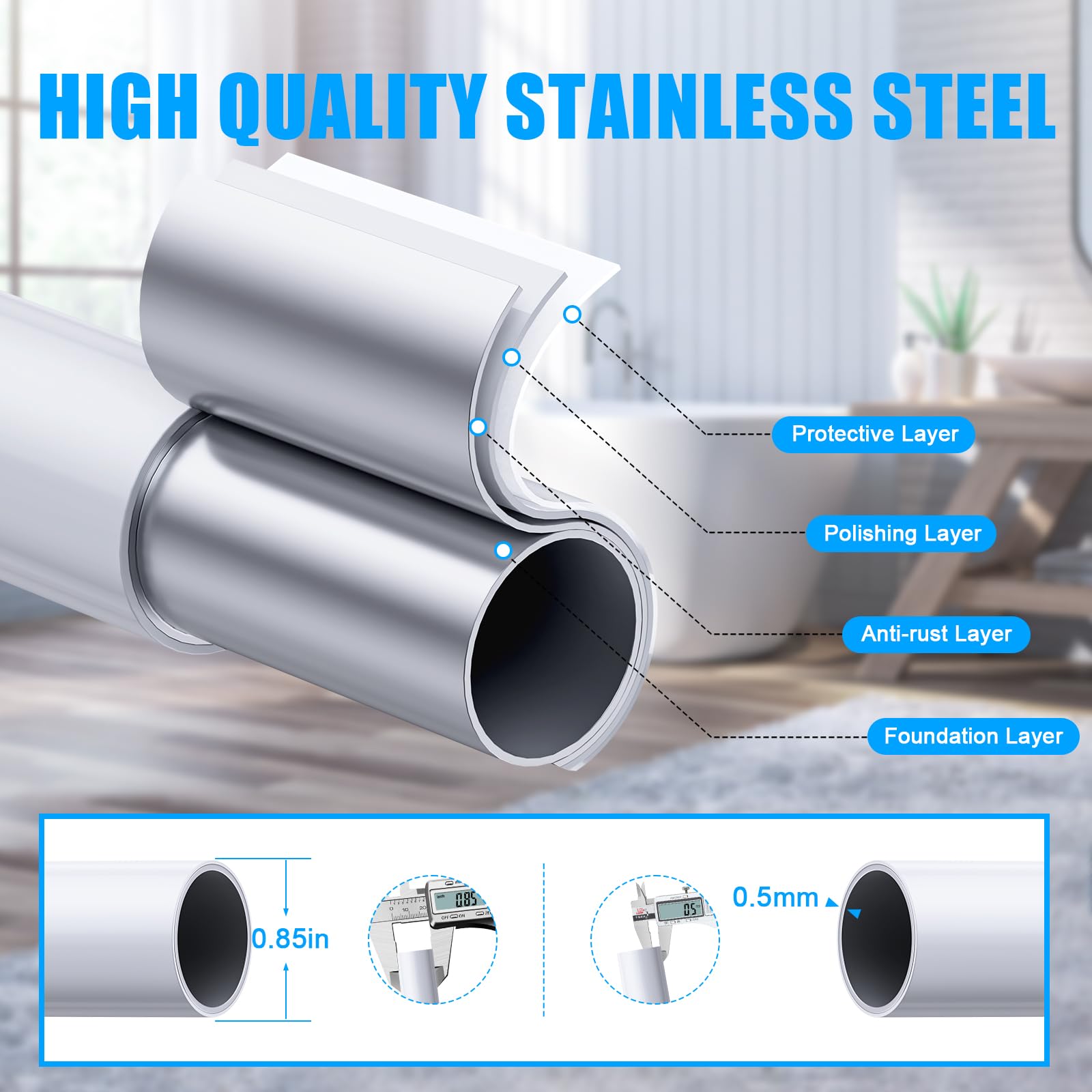 TEECK shower rod resists rust and cleans easily for long-lasting shine.