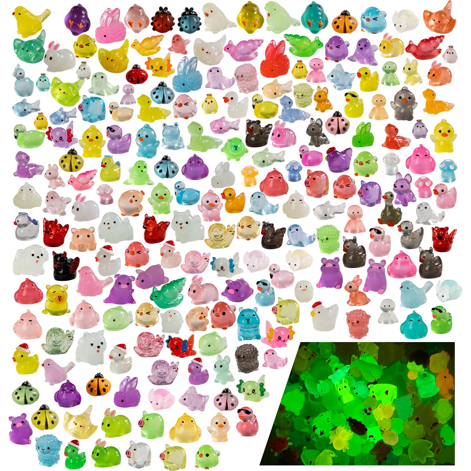 Teenzee glow-in-the-dark mini resin animals for night-time display and playful decor.