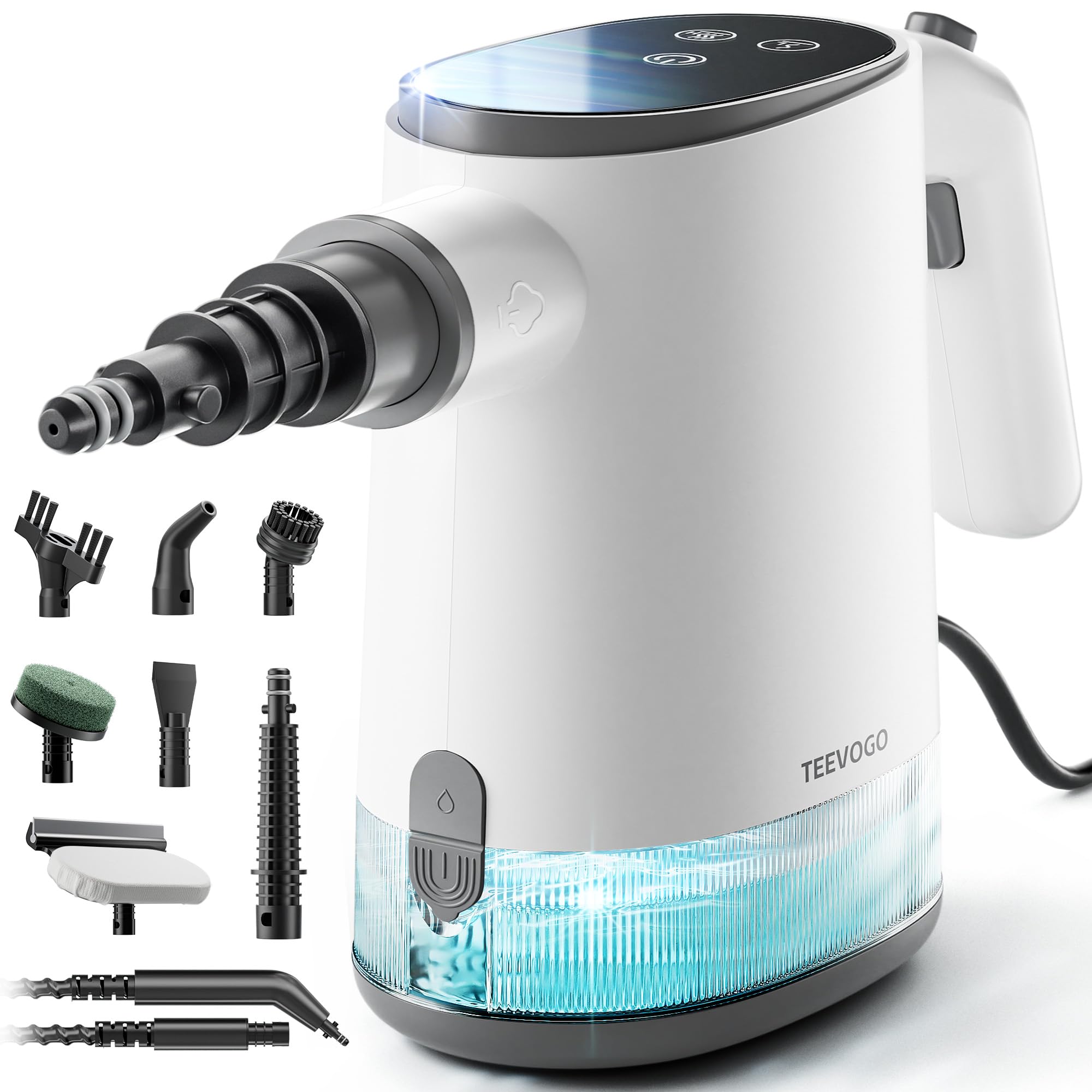 TEEVOGO handheld steam cleaner front view shows compact design for quick cleaning