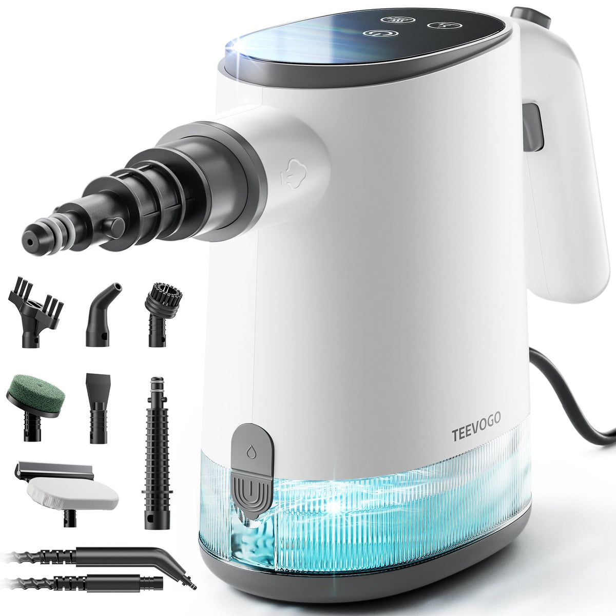 TEEVOGO handheld steam cleaner front view shows compact design for quick cleaning