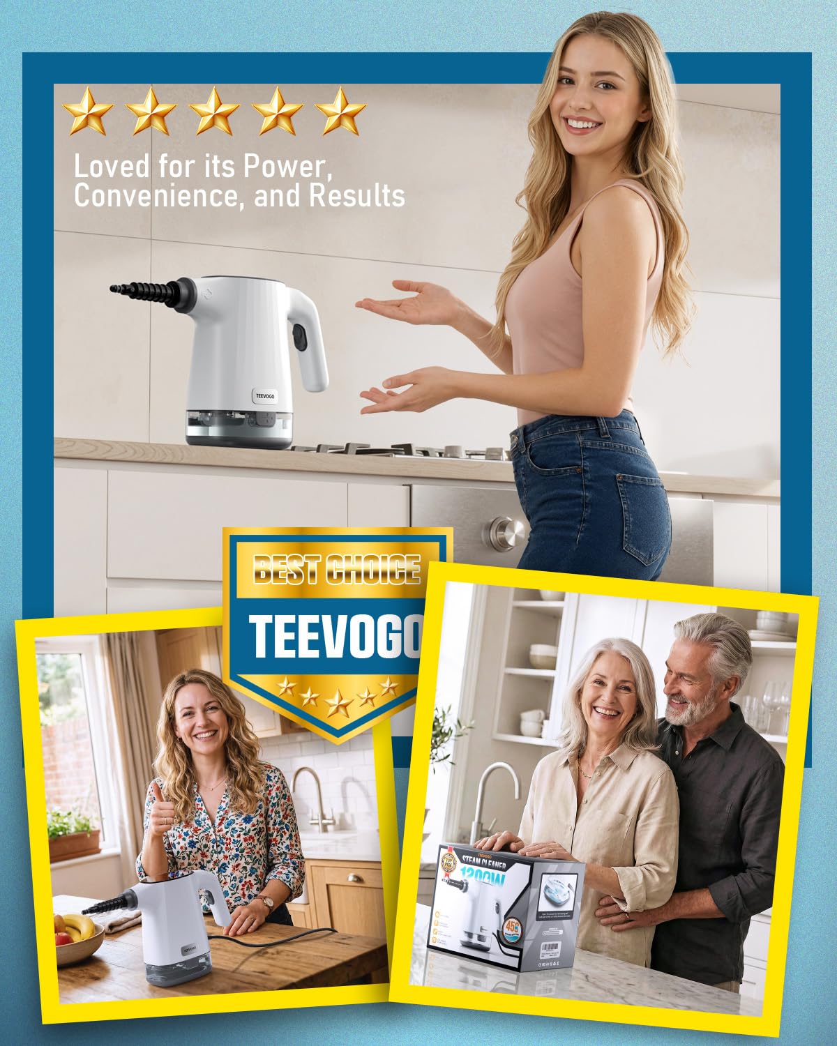 TEEVOGO kitchen and bathroom surfaces cleaned with stainless steel friendly steam