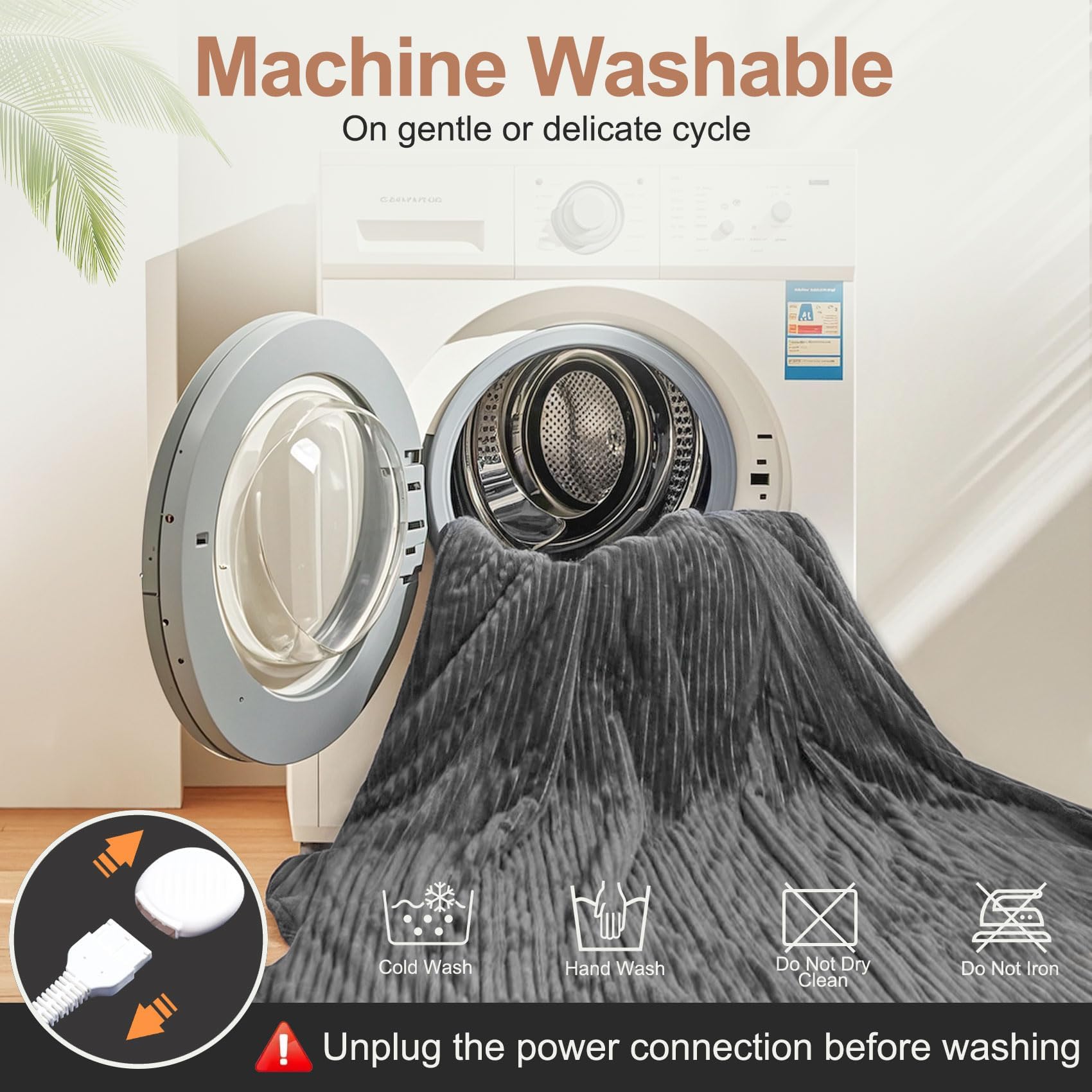 Tefici heated throw ready for machine washing after unplugging.