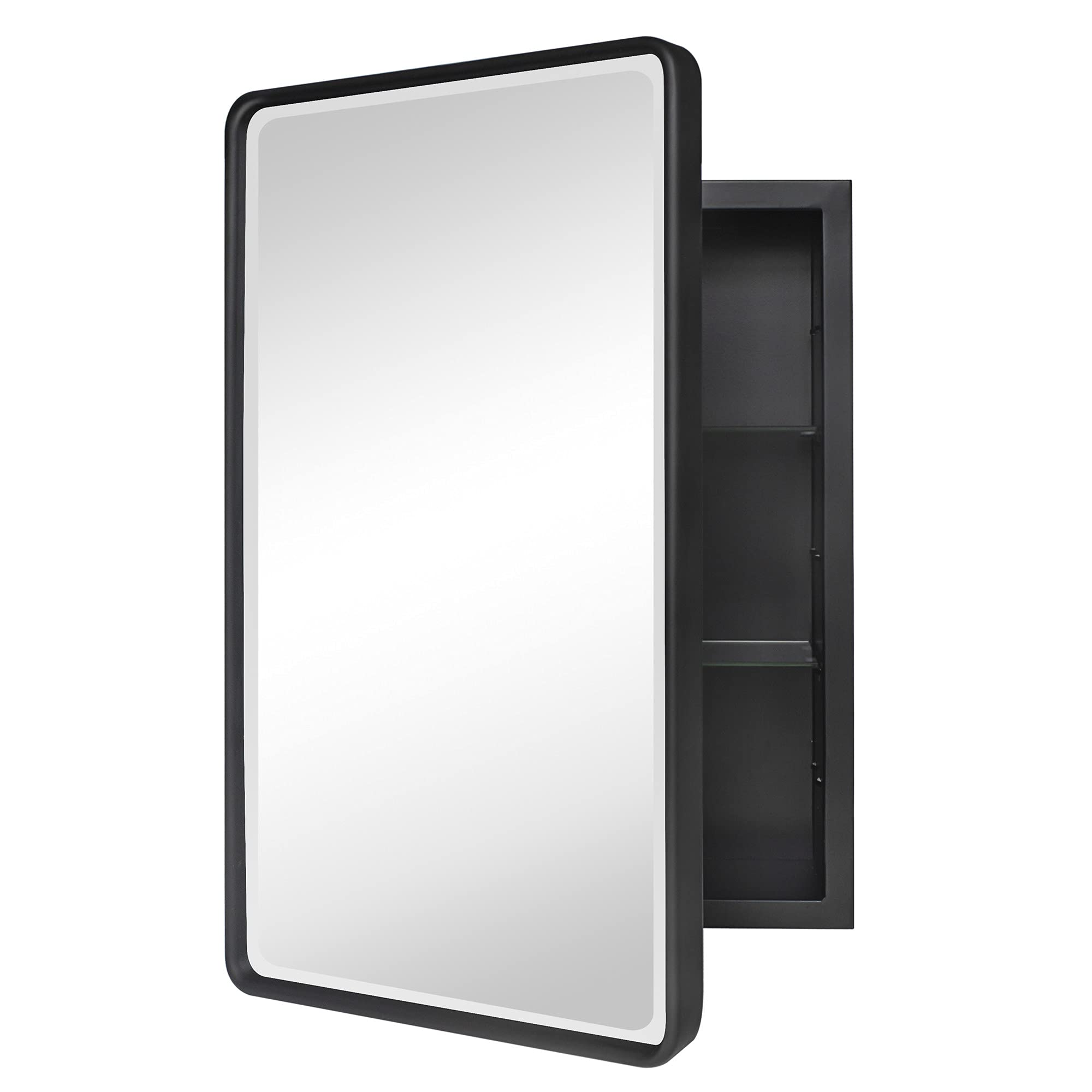 TEHOME Farmhouse cabinet front view with matte black frame and beveled mirror.