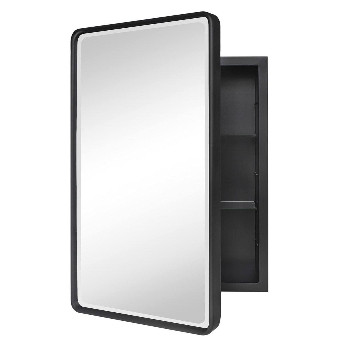 TEHOME Farmhouse cabinet front view with matte black frame and beveled mirror.
