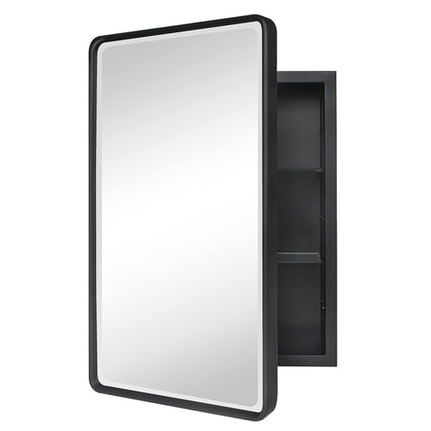 TEHOME Farmhouse cabinet front view with matte black frame and beveled mirror.