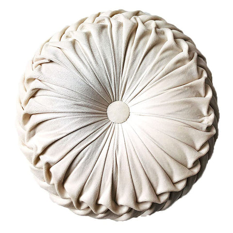 Teieas round velvet pillow in beige with pleated detail for elegant living room decor