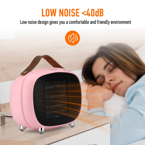 Teioe retro pink heater portable with leather handle for easy carrying.