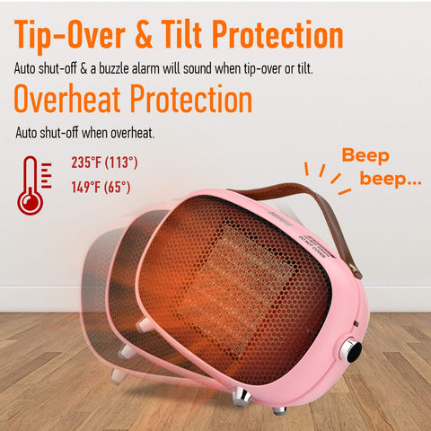 Teioe space heater safety protections including tip-over and overheat indicators.