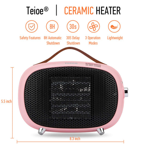 Teioe mini heater side angle showing compact portability for desks.