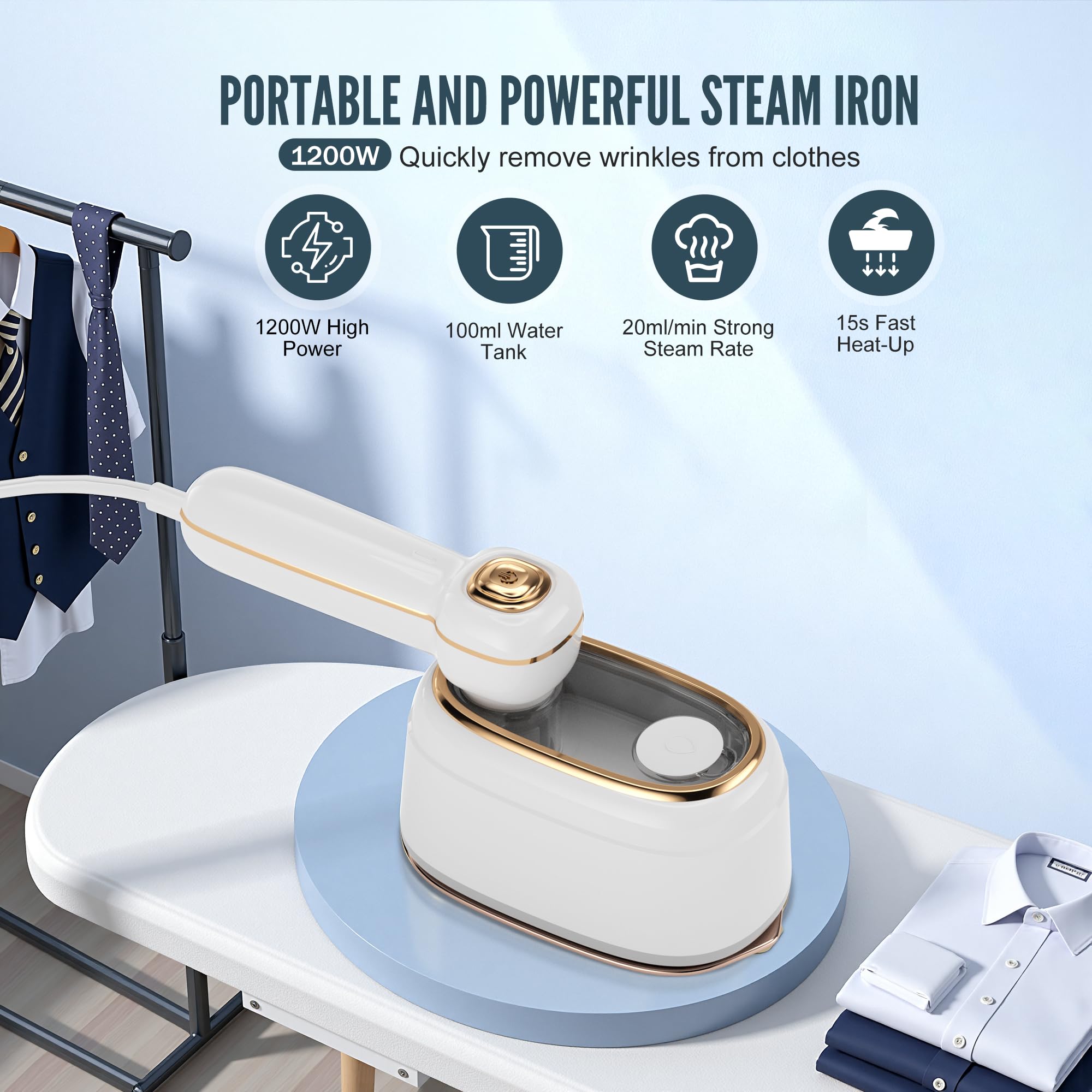 TEKI Travel Steamer with 180-degree rotating handle for comfortable ironing angles.