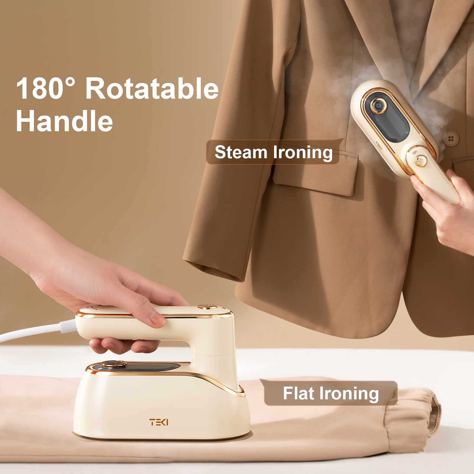 TEKI Travel Steamer with rotatable handle for easy collar access