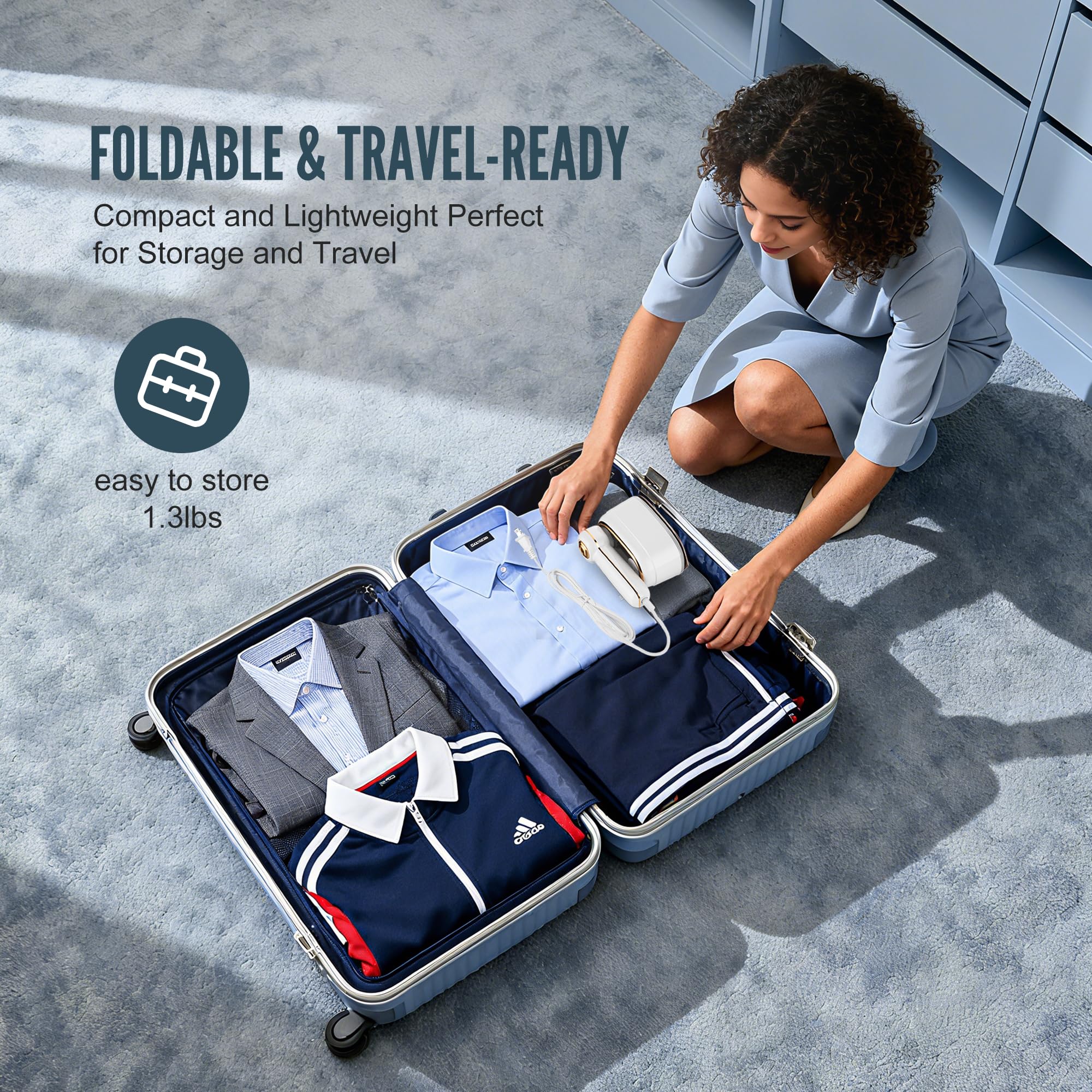 TEKI Travel Steamer fits in carry-on bags for hotel stays.