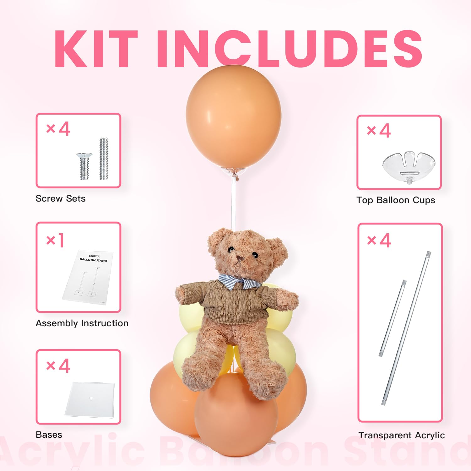 TEKXYZ clear acrylic balloon stand at 15.75 inches height for varied centerpiece heights.