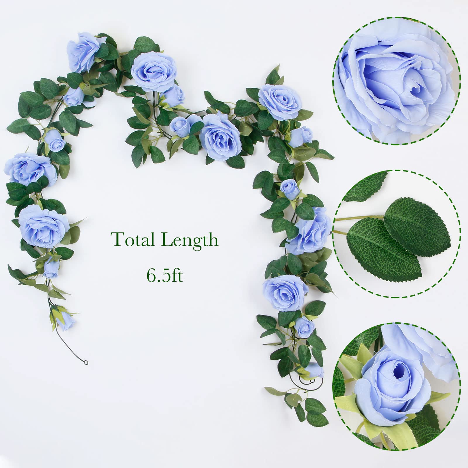 TELDRASSIL blue rose garland close-up, lifelike petals and dense leaves for elegant decor.