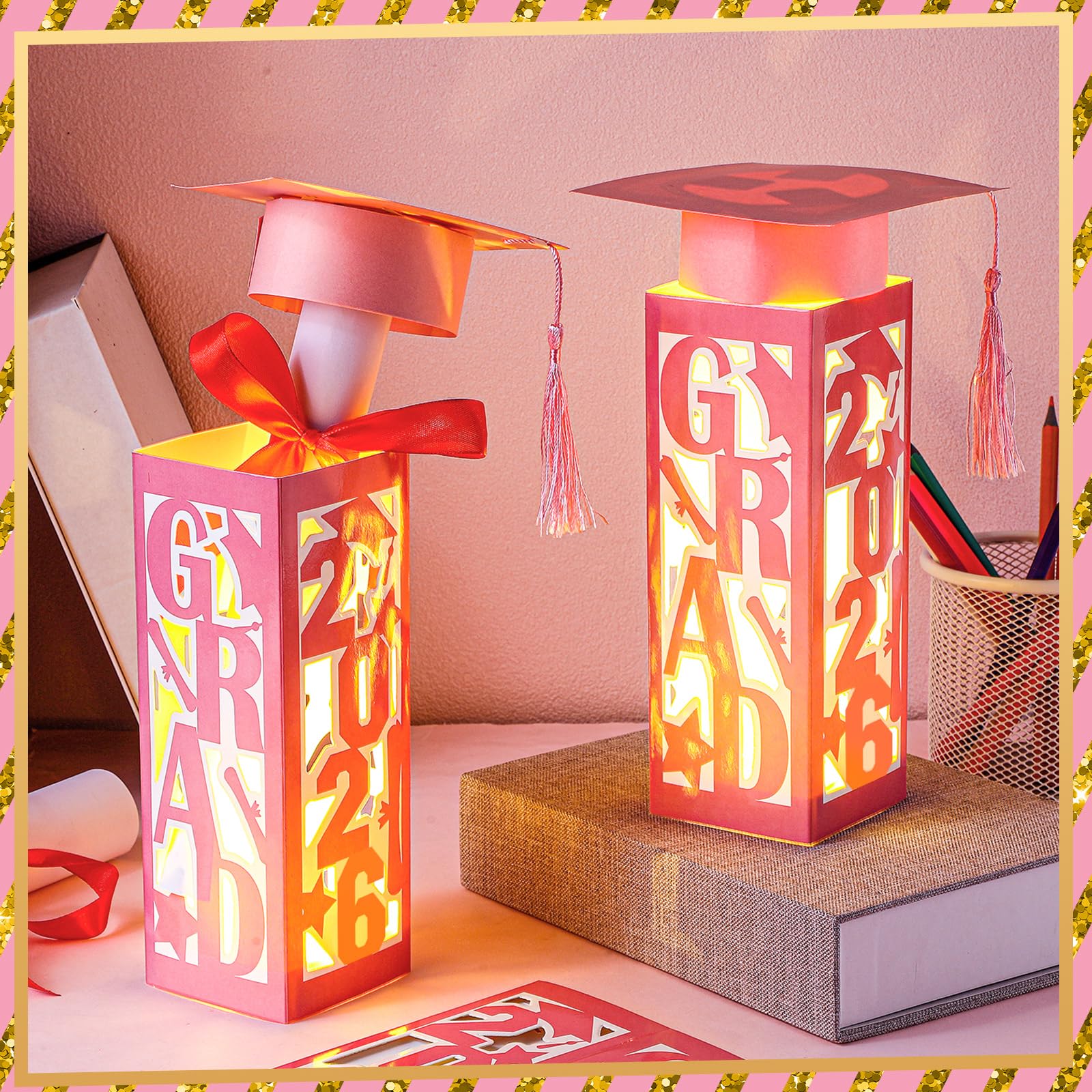 Tellingyou pink graduation lantern centerpiece showcases a festive vibe for photos.