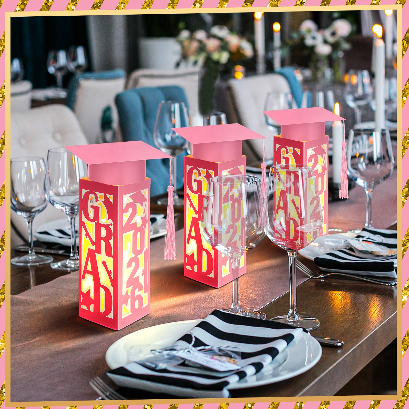 Tellingyou LED-lit graduation box adds soft ambiance without obstructing guest views.