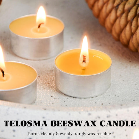 TELOSMA beeswax tea candle close-up with 37.5mm diameter in metal cup.