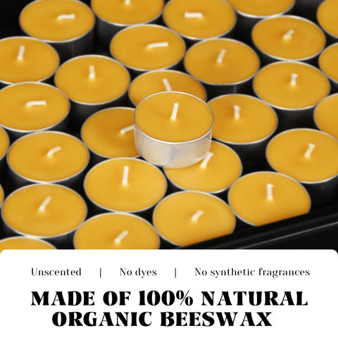 TELOSMA beeswax tea candle in metal cup ready for smokeless ambience at home.