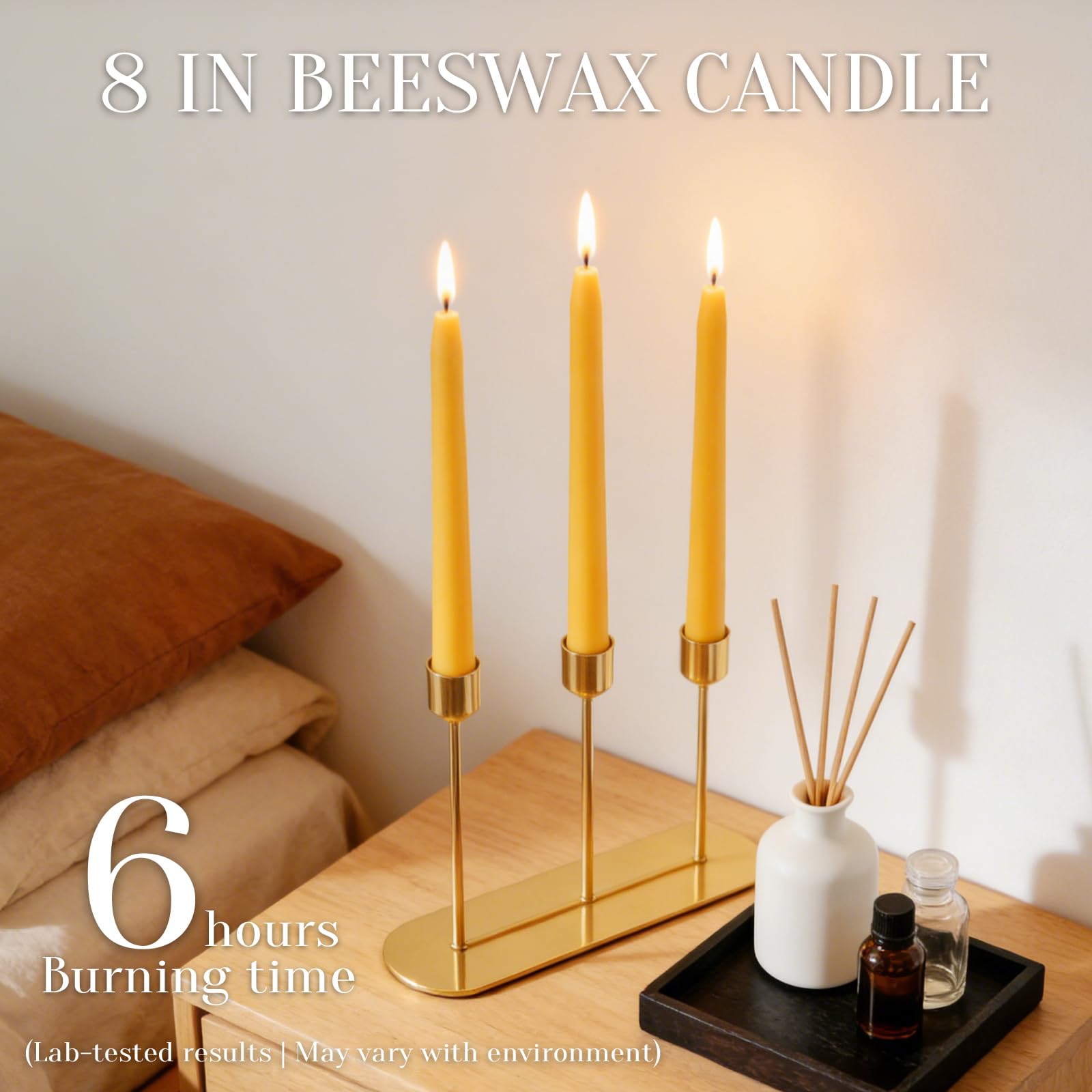 TELOSMA unscented beeswax tapers 8in yellow with steady flame.