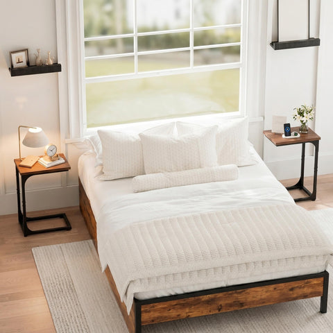 TEMI compact table sits beside bed or chair for quick access.