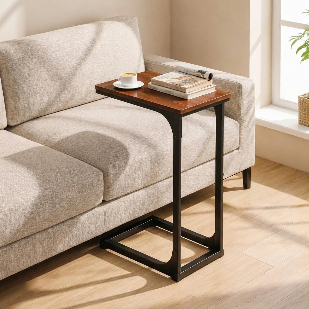 TEMI C-shaped end table with rustic walnut top for versatile living room use.