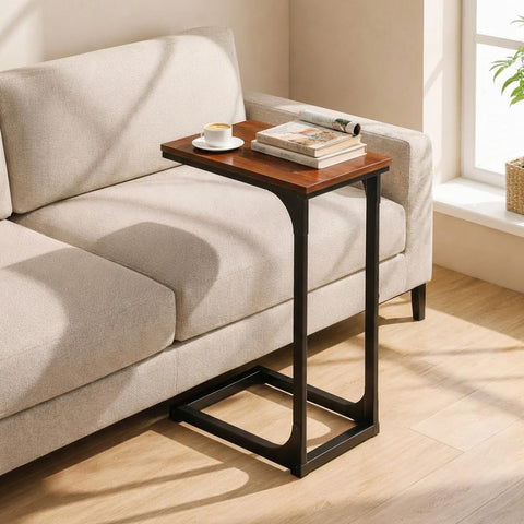 TEMI C-shaped end table with rustic walnut top for versatile living room use.