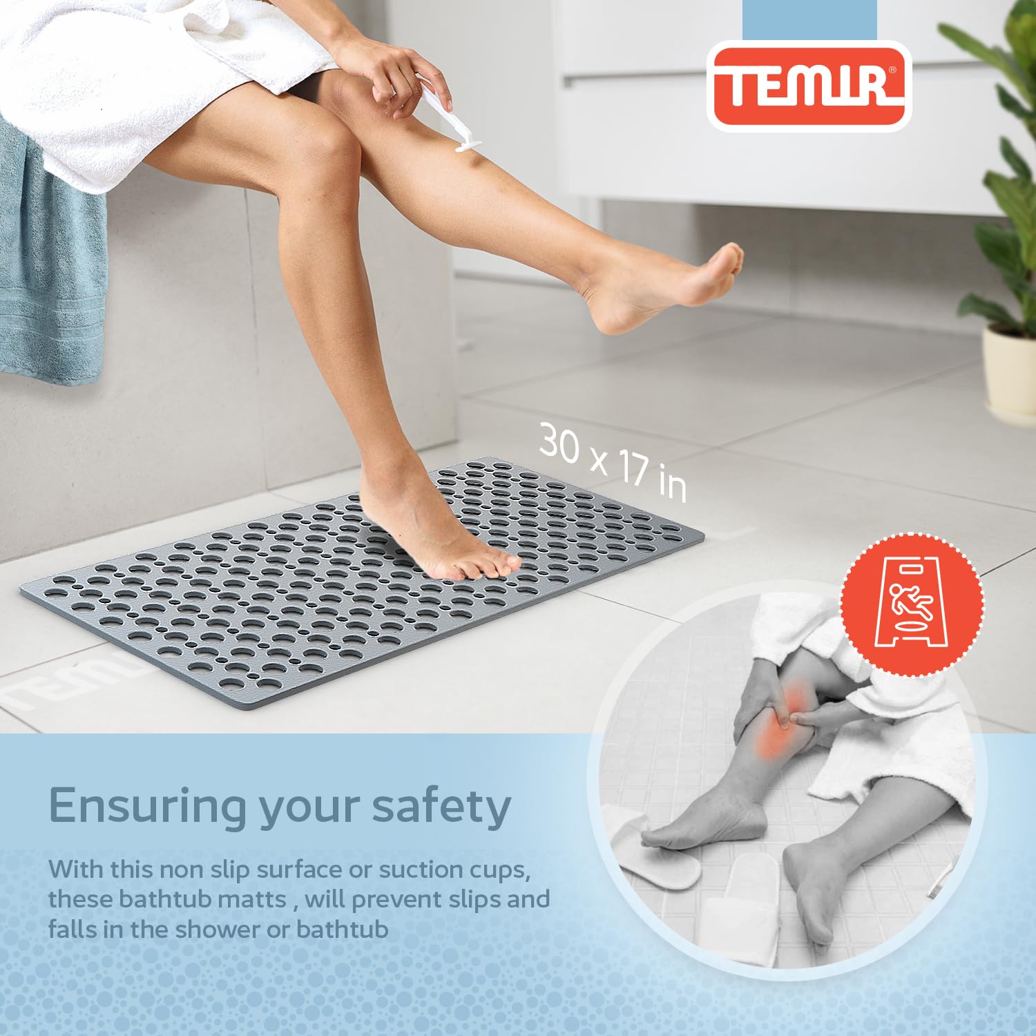 TEMIR non-slip bathtub mat showing drain holes for quick water flow.