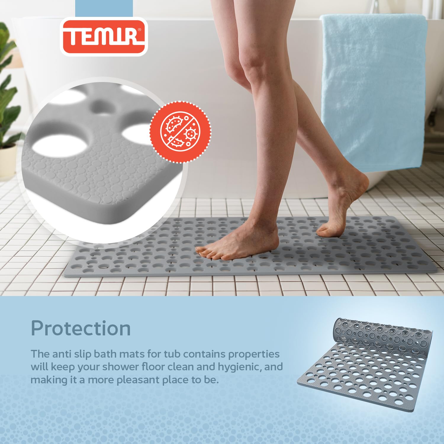 TEMIR non-slip bathtub mat gray color blends with most bathroom decor.