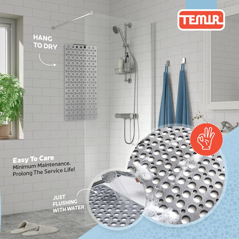 TEMIR non-slip bathtub mat machine washable for easy care and freshness.