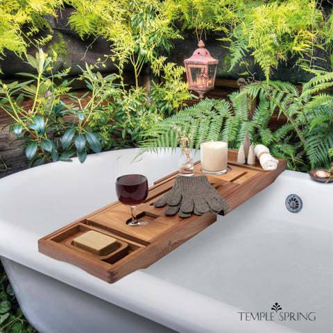 Temple Spring acacia wood with lacquer finish resists bathroom humidity.