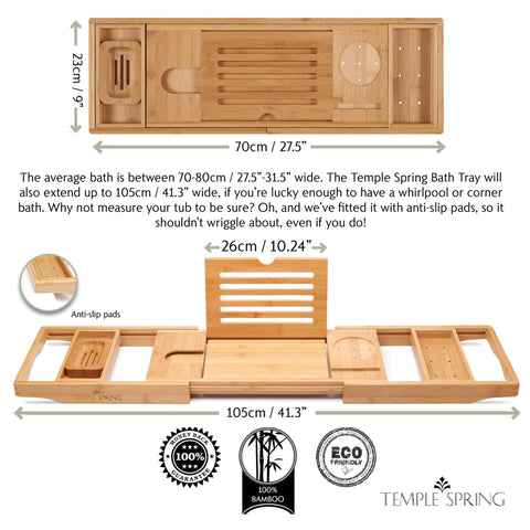 Temple Spring bamboo bath tray with wine holder keeps a drink within reach.