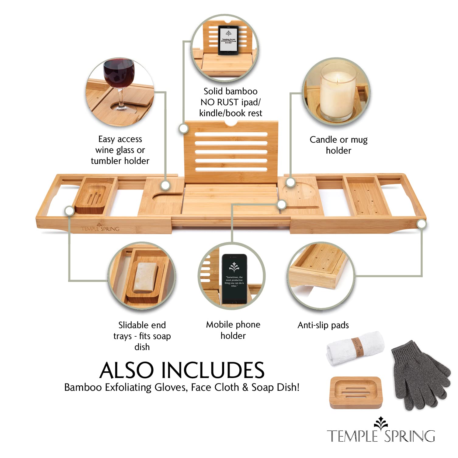Temple Spring bamboo bathtub tray book rest holds a tablet upright for hands‑free viewing.
