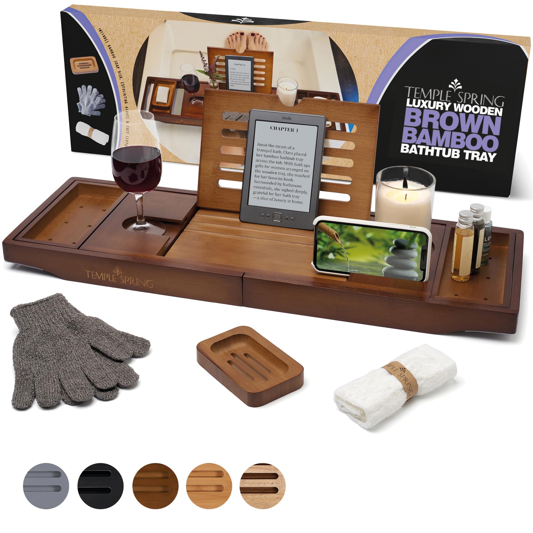 Temple Spring bamboo bathtub tray with expandable arms for a secure fit during bath