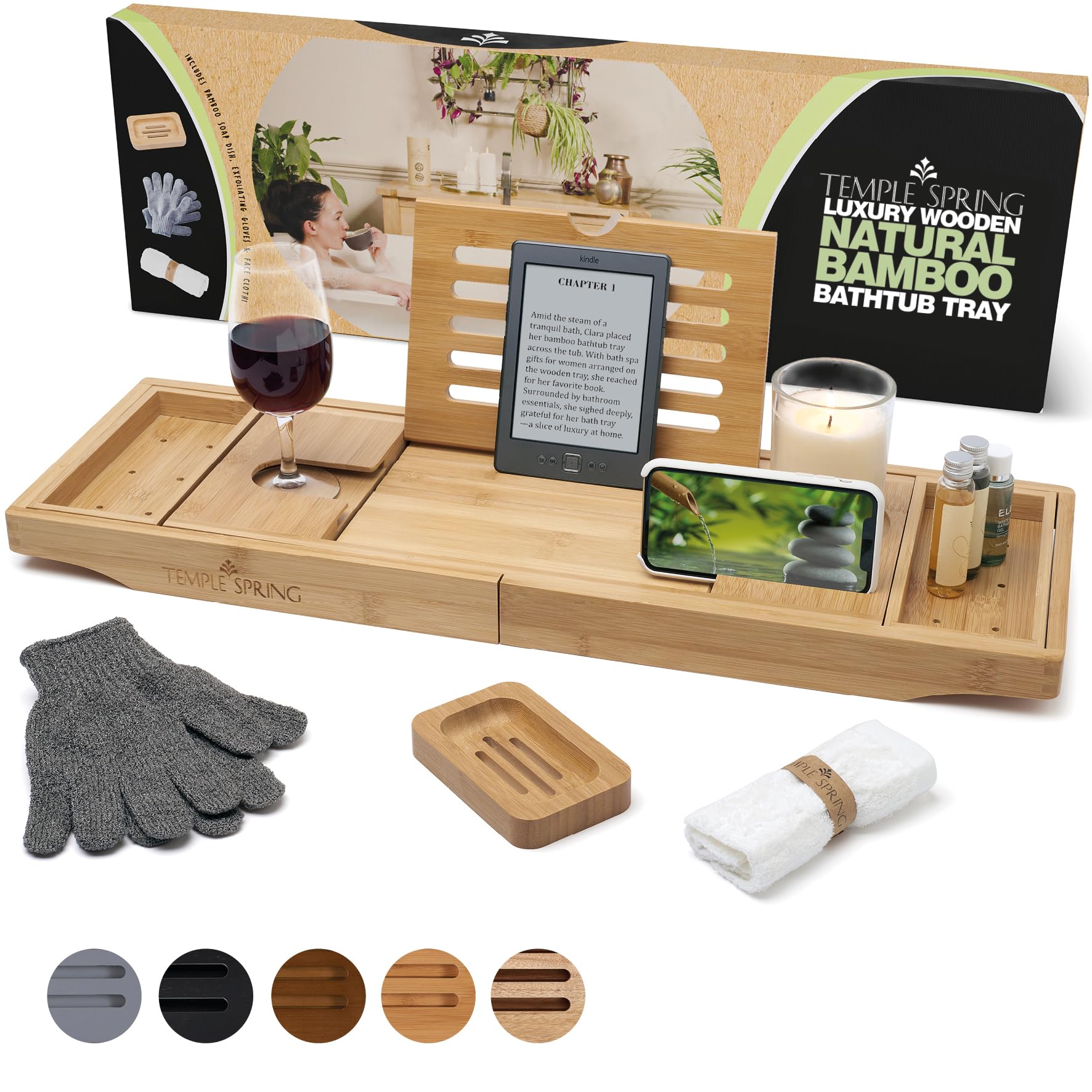 Temple Spring bamboo bathtub tray extended to fit wider tubs with stable support.