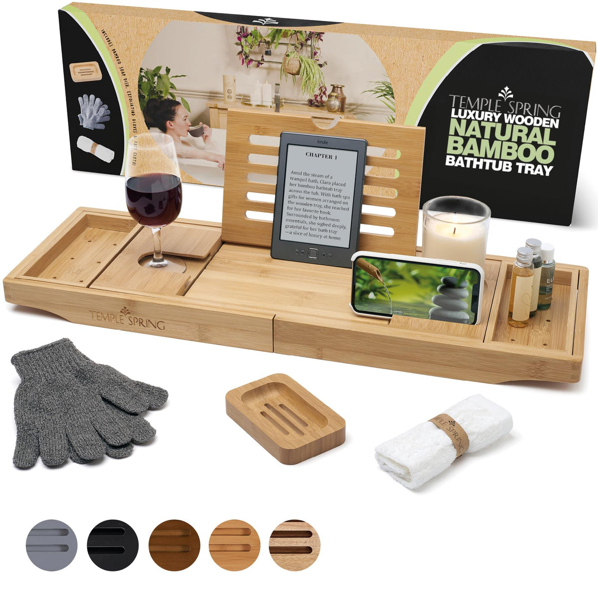 Temple Spring bamboo bathtub tray extended to fit wider tubs with stable support.