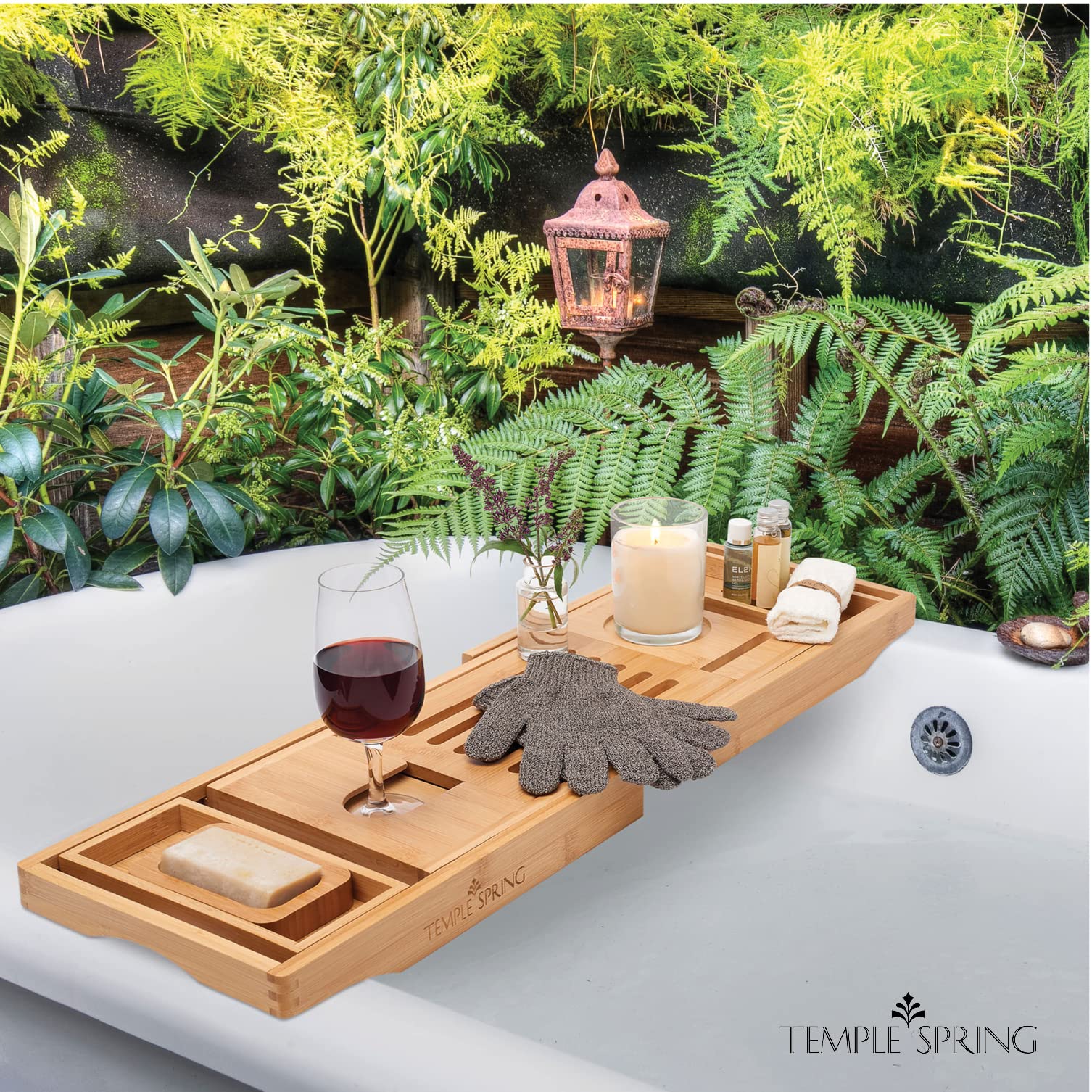 Temple Spring bamboo face cloth included for gentle cleansing in the tub.