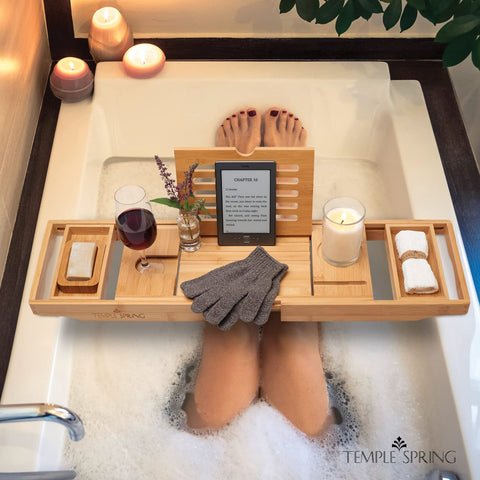Temple Spring bamboo soap dish keeps soap within easy reach during soaks.