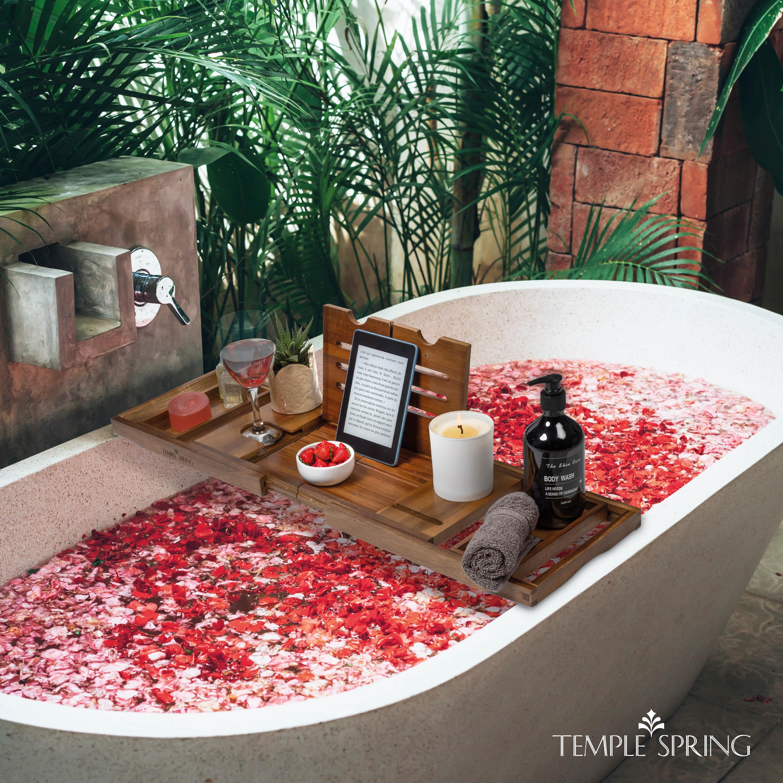 Temple Spring bath tray with wine holder and compartments for a cozy, indulgent soak.