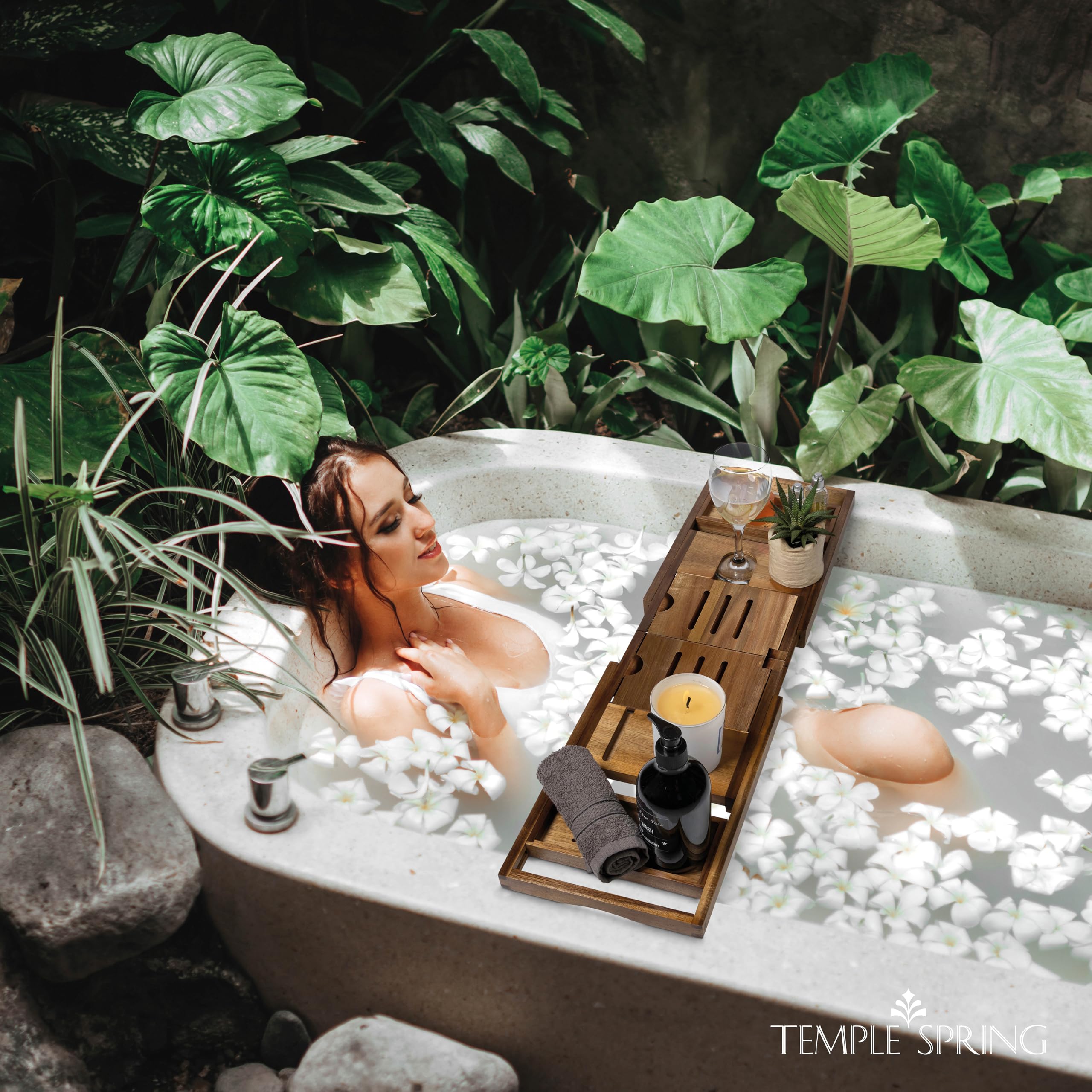 Temple Spring bathroom organizer with compartments for candles and accessories during a soak.