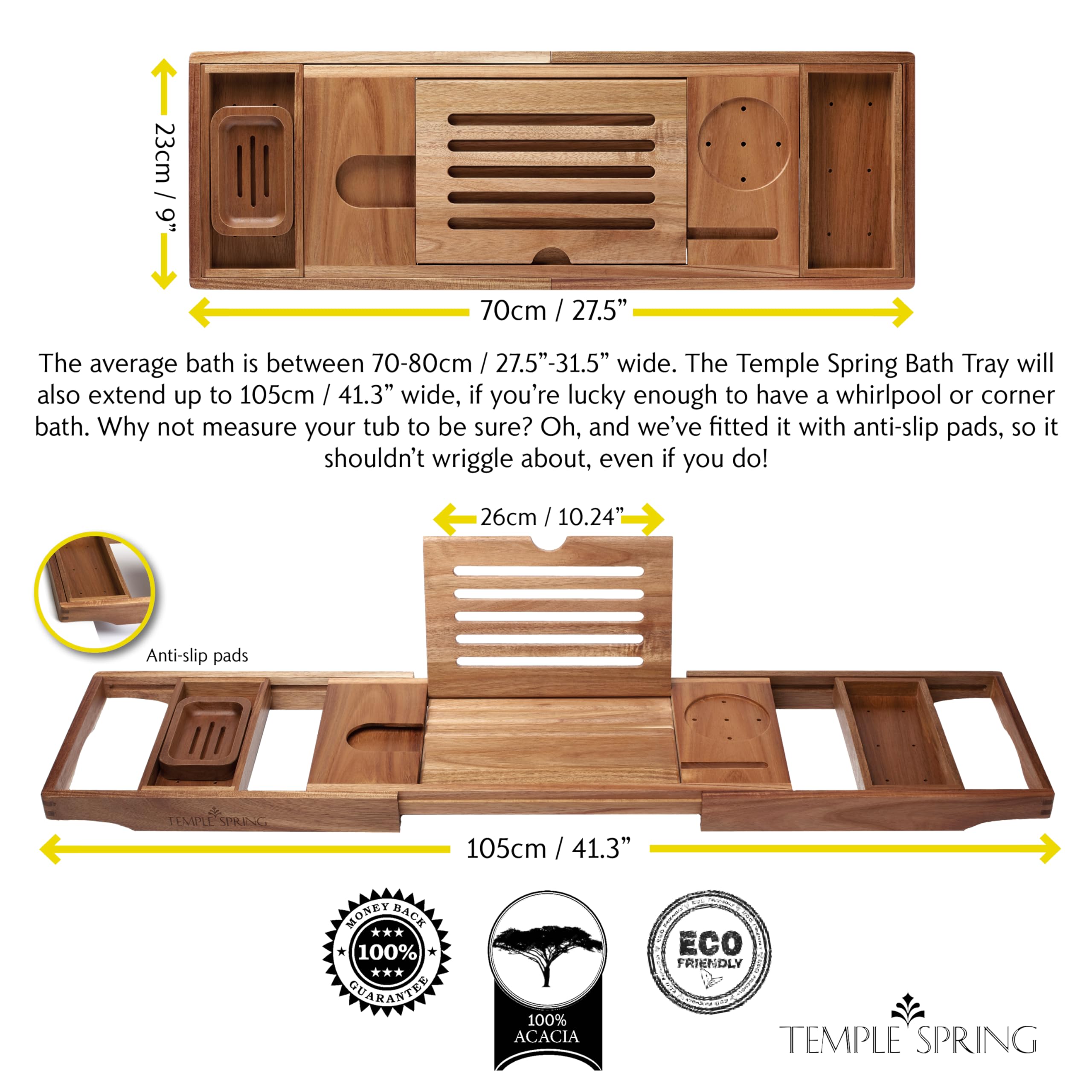 Temple Spring bathtub tray includes a wine holder for relaxed evenings.