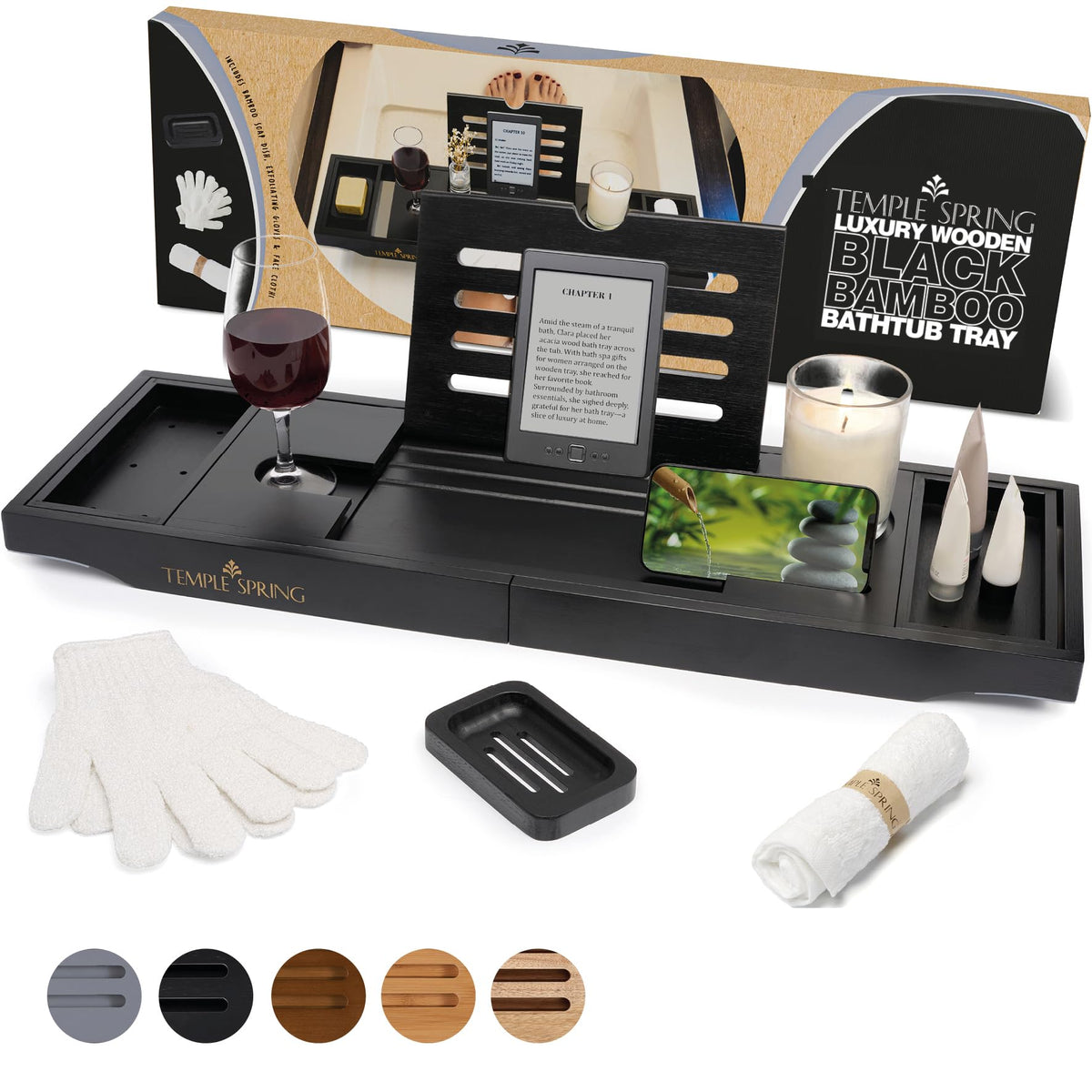 Temple Spring expandable arms tray on tub edge for versatile size fit.
