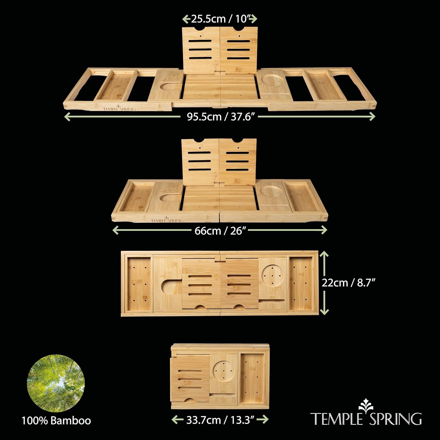 Temple Spring bamboo tub tray with space for candles and snacks.