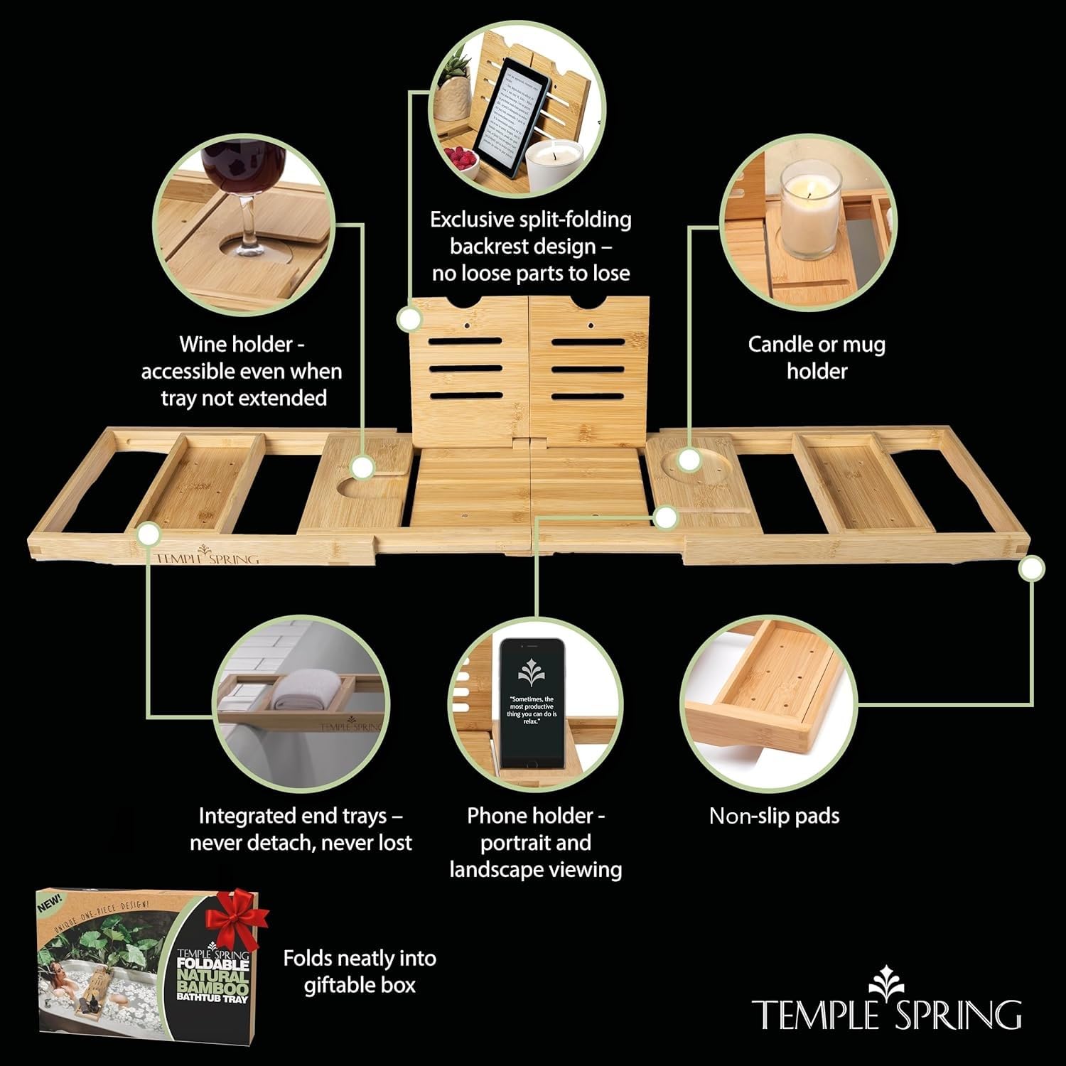 Temple Spring expandable arms fit tubs from 26 inches to 37.6 inches.