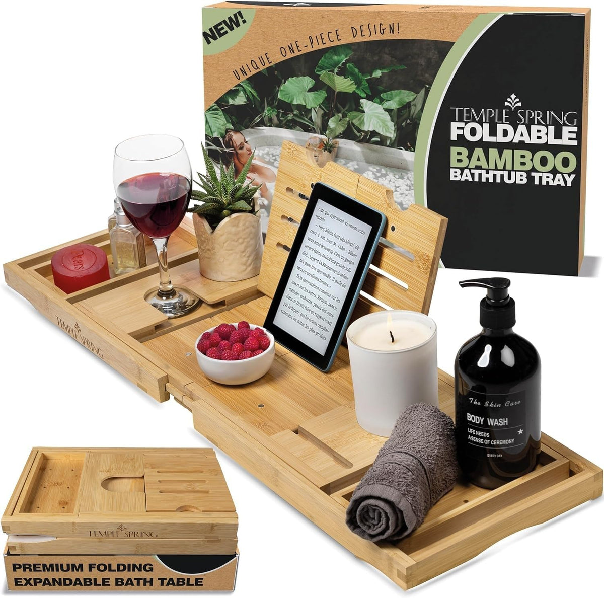 Temple Spring foldable bamboo tub tray with wine holder supports a relaxing soak.