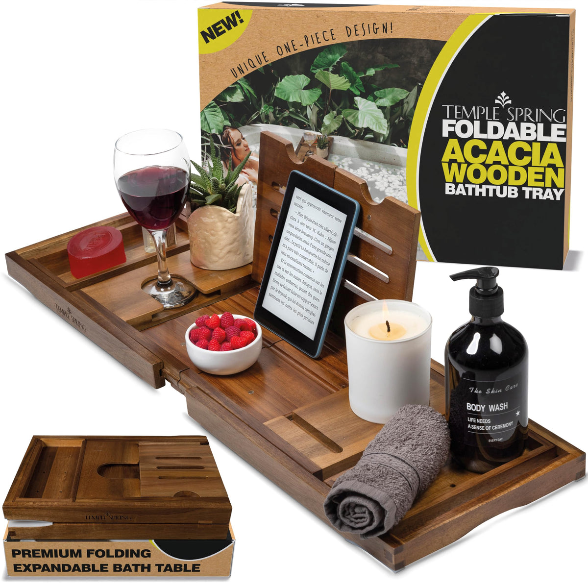 Temple Spring foldable bathtub tray opened on tub edge, keeping essentials organized during a relaxing bath.