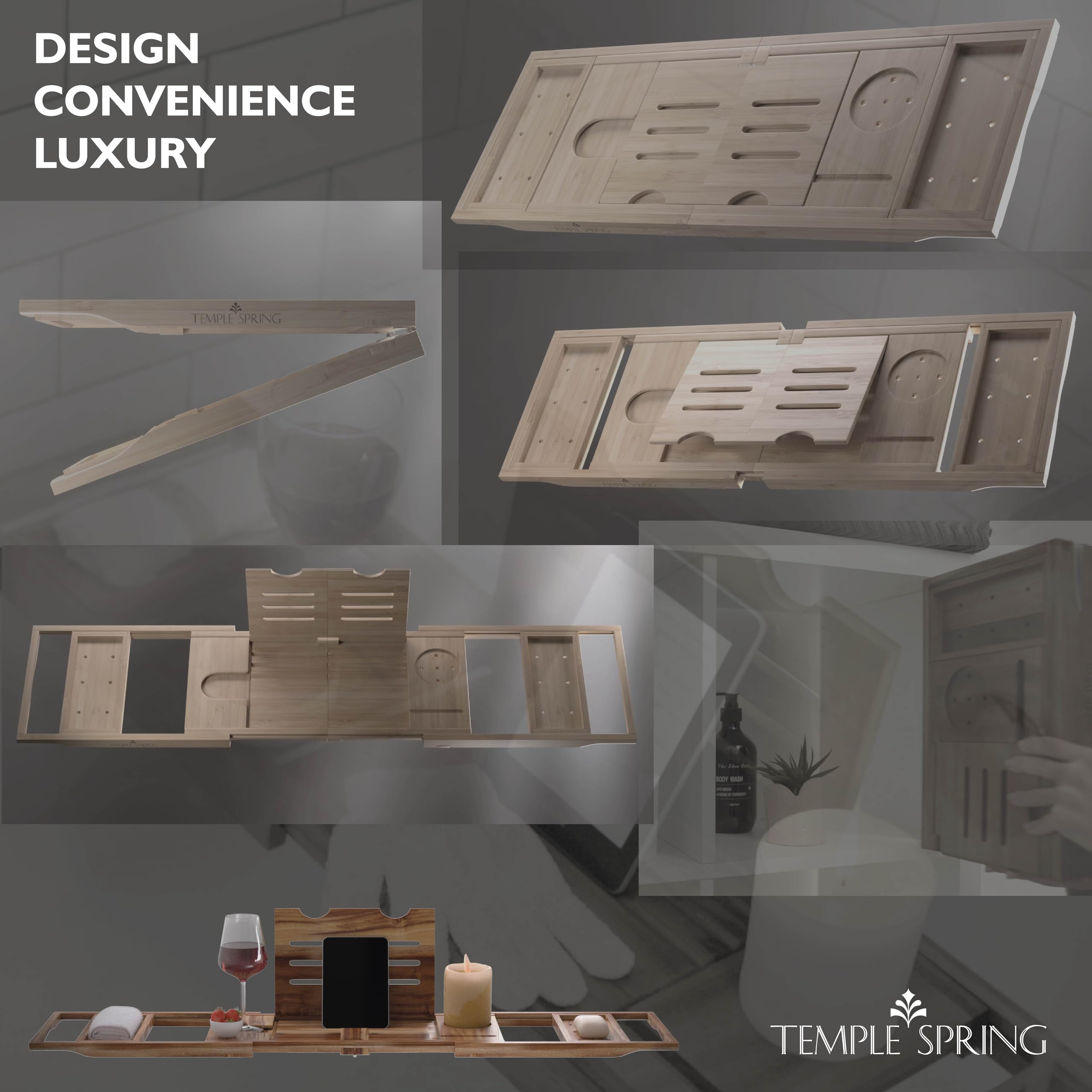 Temple Spring modern bathroom with wooden tray enhancing bath routine and organization.