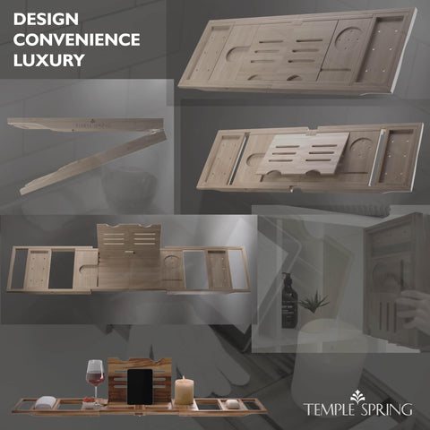 Temple Spring modern bathroom with wooden tray enhancing bath routine and organization.