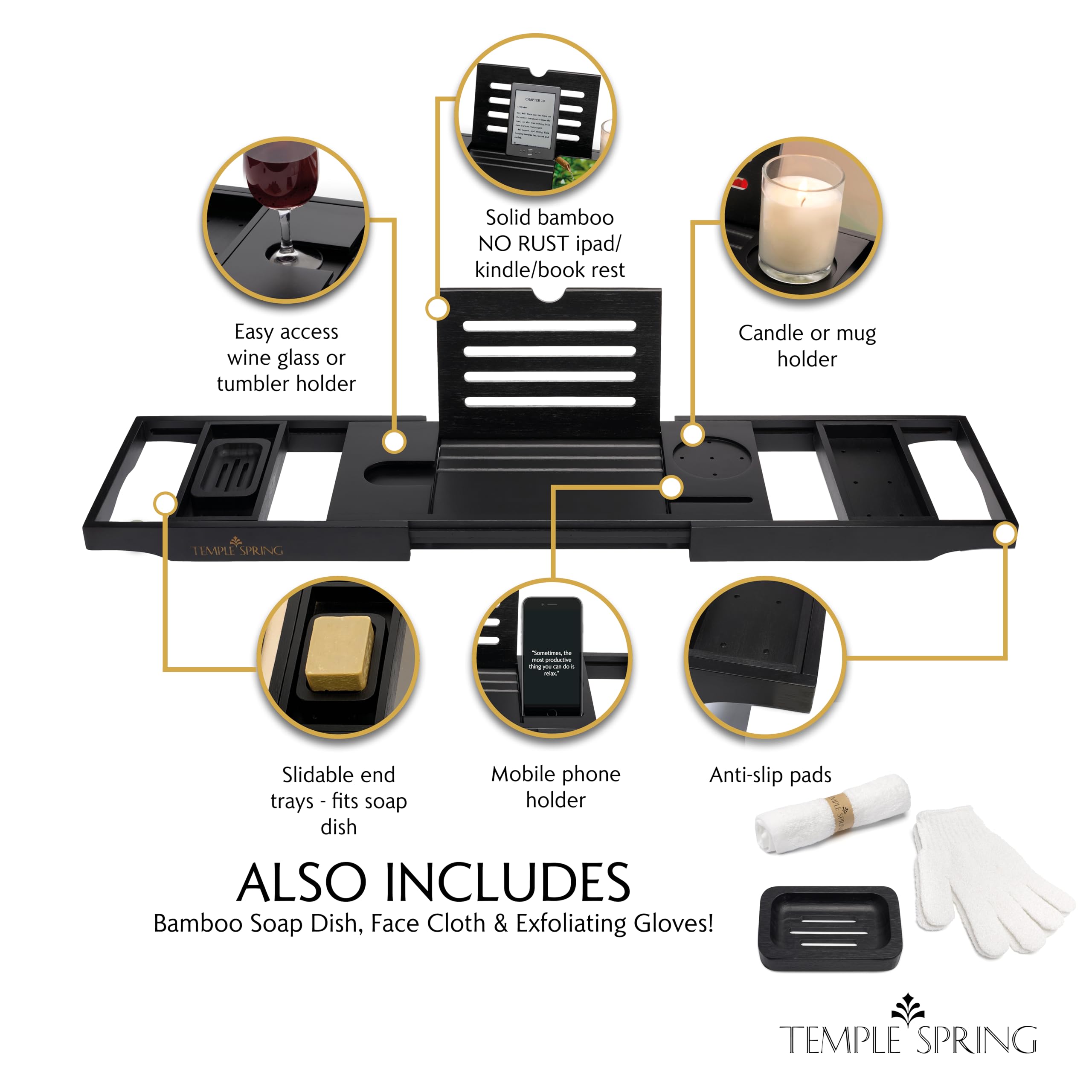 Temple Spring solid bamboo book rest keeping tablet at proper viewing angle.