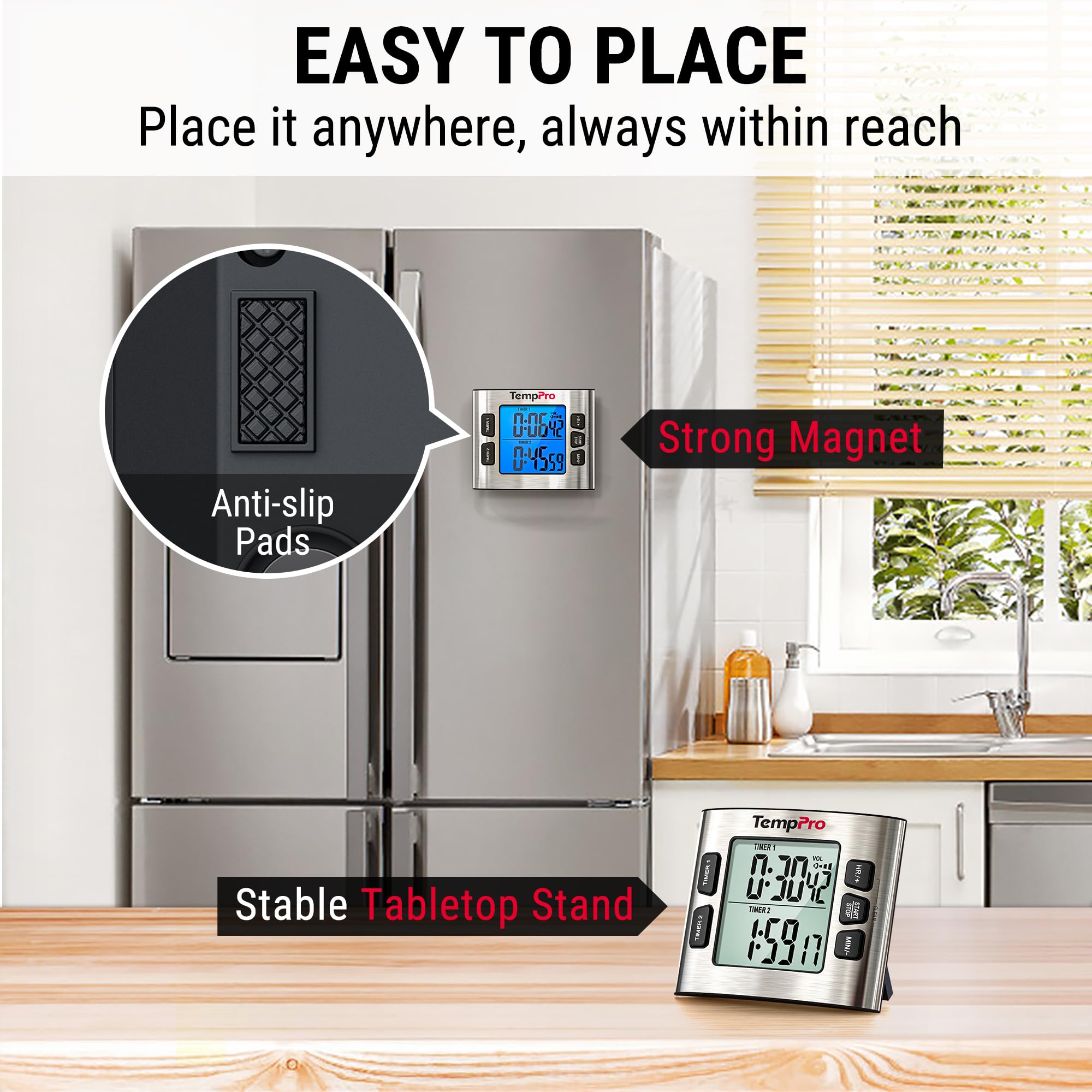 TempPro TM02 built-in magnet sticks to fridge for quick access.